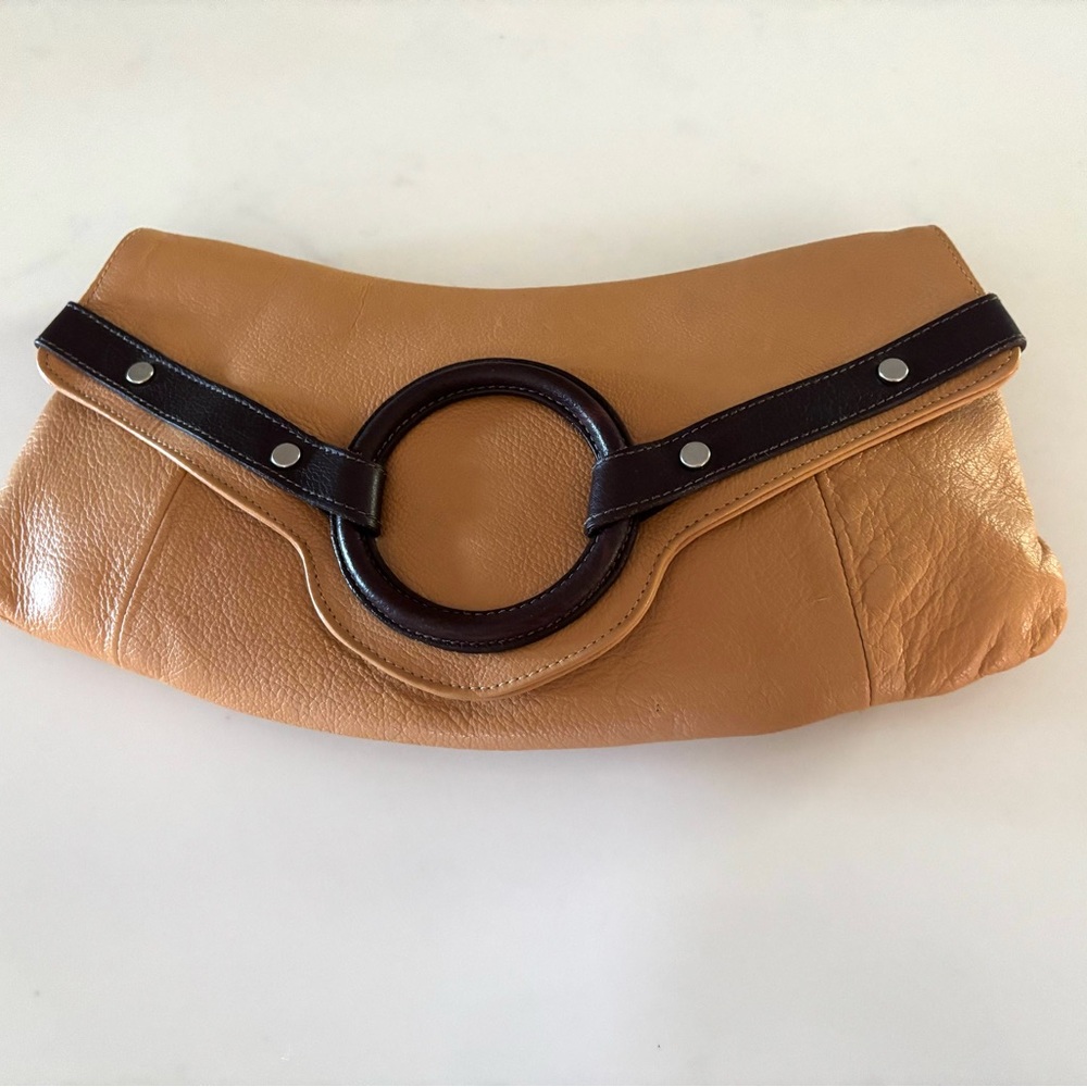 CHRISTOPHER KON•luxury Canadian designer tan grain leather crossbody clutch bag